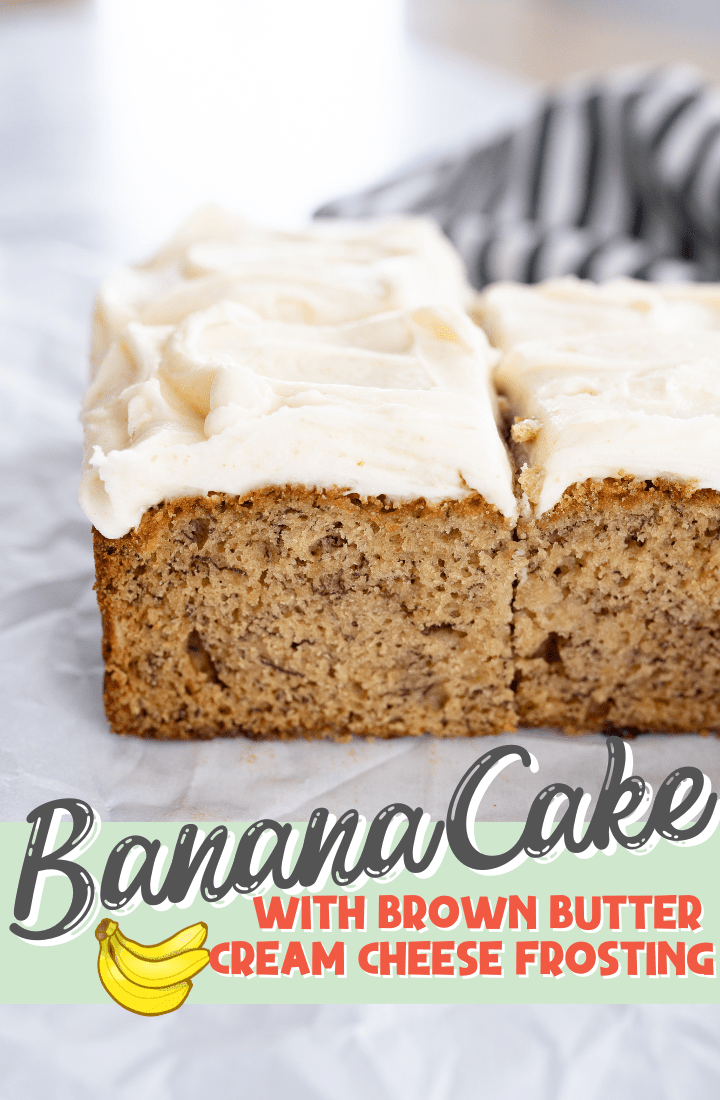 banana cake with cream cheese frosting with a text overlay.