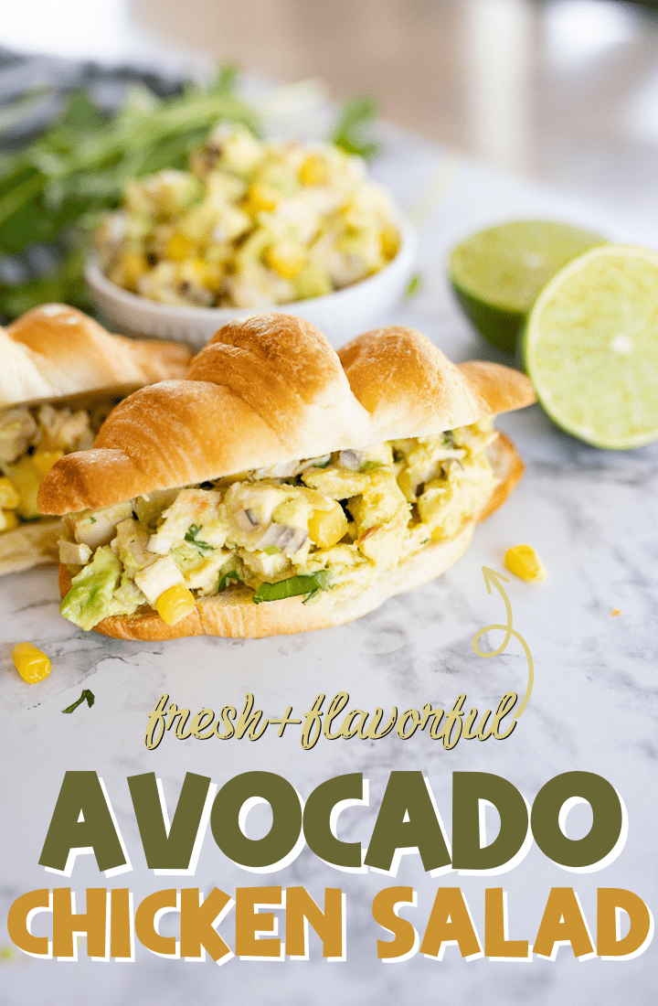 pin image for chicken avocado salad with text overlay.