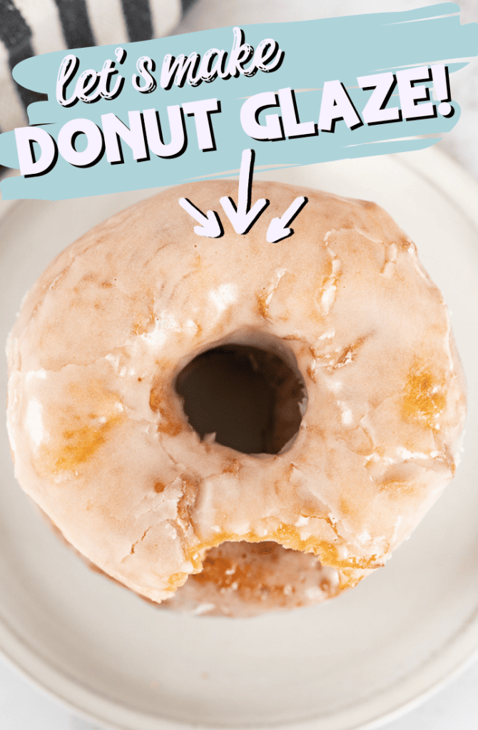 Close up of a glazed donut on a glass plate. The donut has one bite out of it. At the top it says "Donut glaze"
