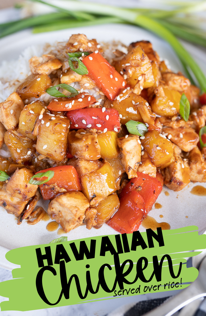A plate with rice and hawaiian chicken on it. Across the bottom it says "Hawaiian Chicken" in text.