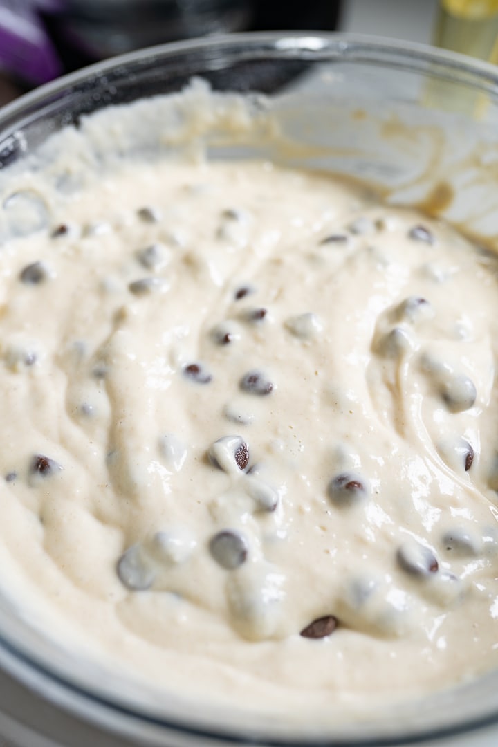 pancake batter dotted with chocolate chips in a bowl.