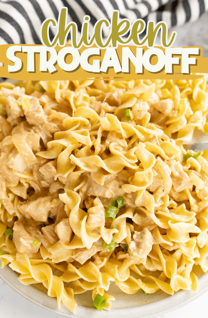 A plate of chicken stroganoff. Across the top it says "chicken stroganoff" in text.