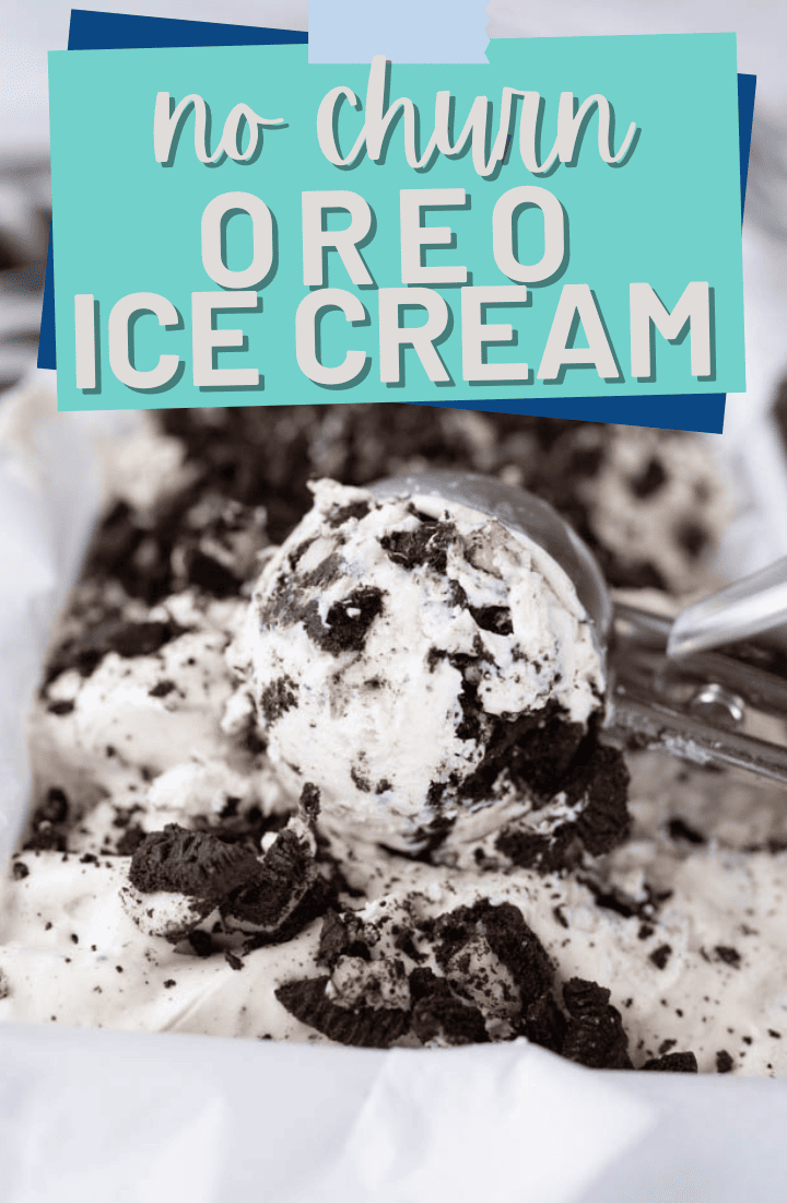 Close up of oreo ice cream being scooped out of the container.
