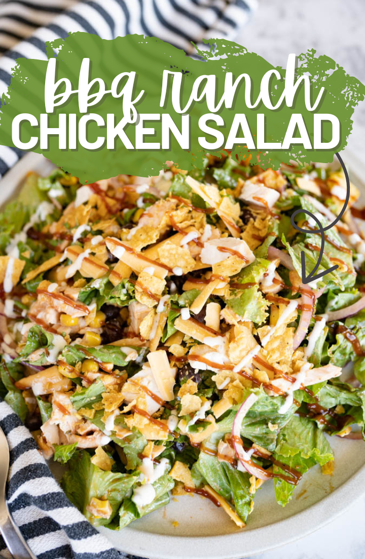 Close up of a bowl of bbq chicken salad mixed together. Across the top it says "bbq ranch chicken salad"