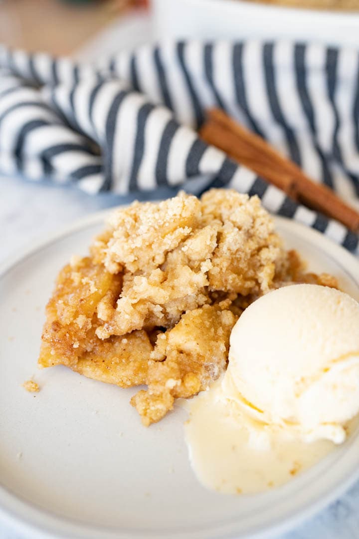 A single serving of apple crisp without oats and a scoop of ice cream. 