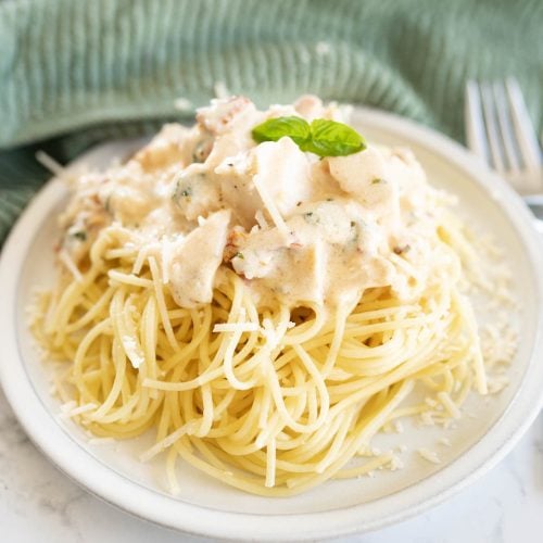 A close up of a plate of marry me chicken served over pasta and topped with basil.