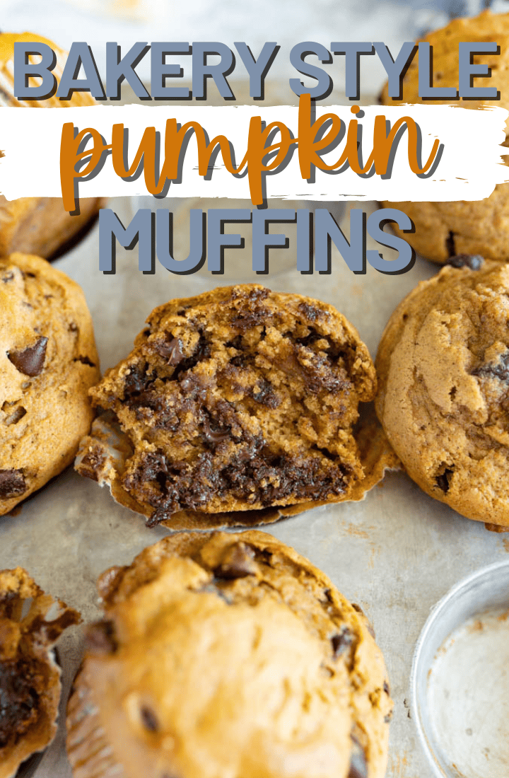 Aerial view of pumpkin chocolate chip muffins in a muffin tin. One muffin has been opened to reveal the ooey gooey chocolate chips in the middle. Across the top it says "bakery style pumpkin muffins"