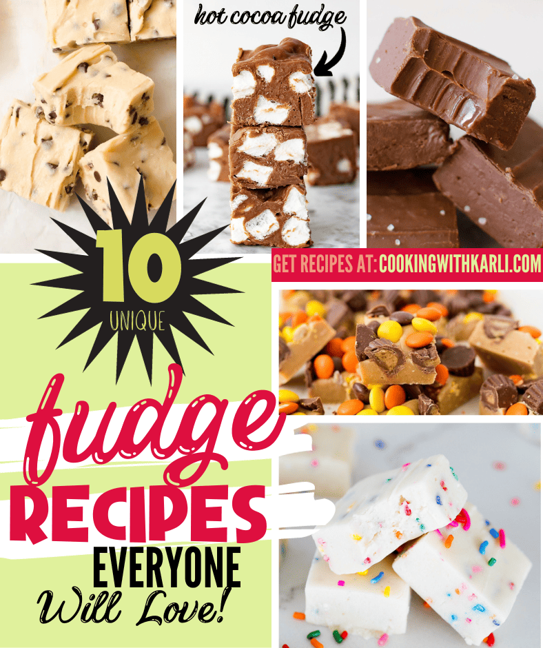 a collage of fudge images with a text overlay. 