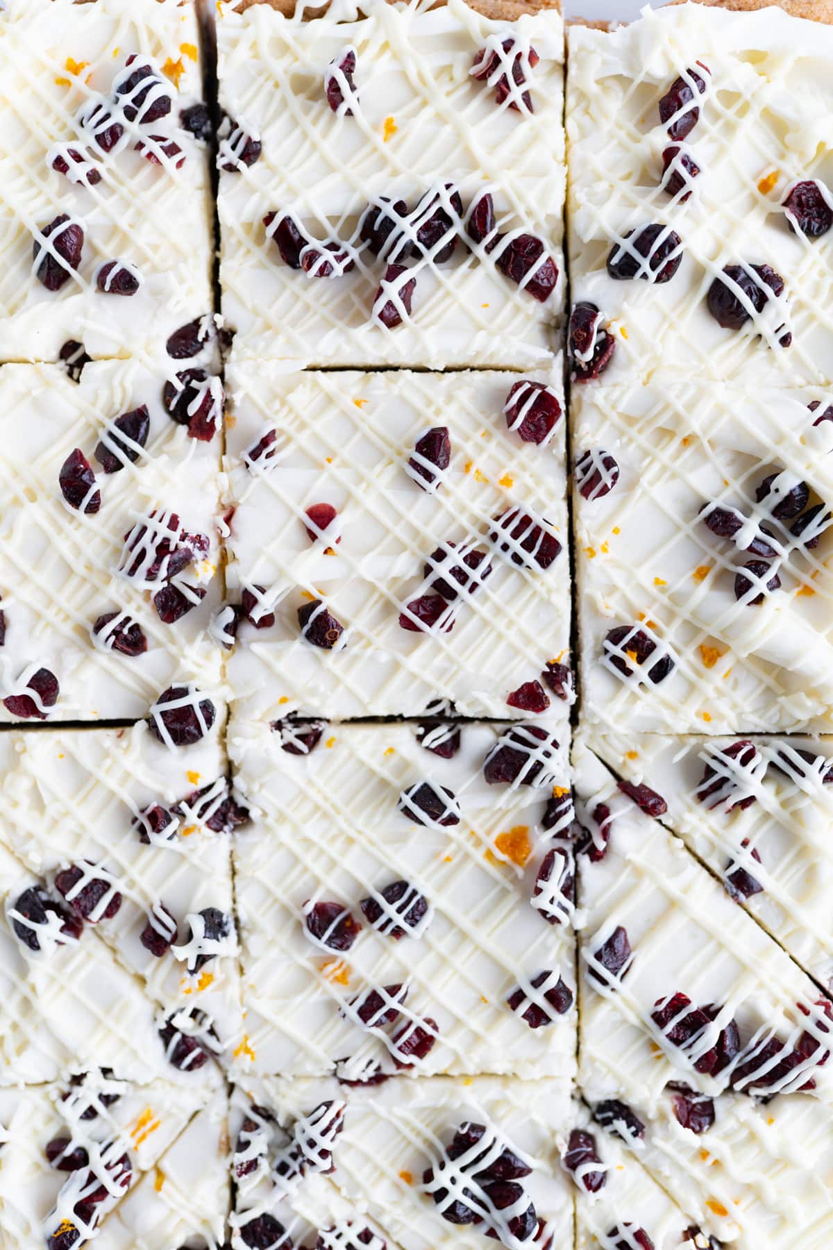 Aerial view of a tray of starbucks cranberry bliss bars. 
