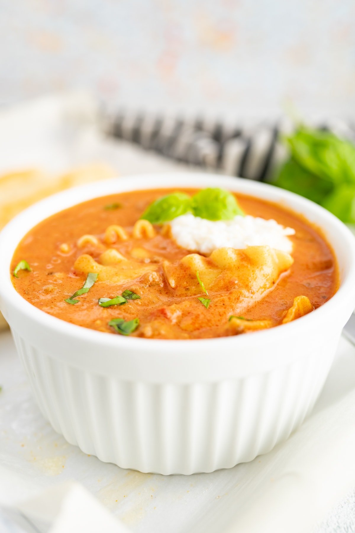 Side view of a bowl of easy lasagna soup. 