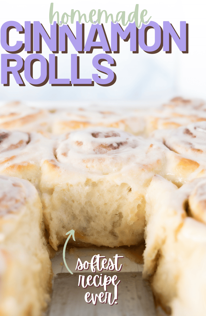 Side view of a pan of cinnamon rolls with one removed. Across the top it says "homemade cinnamon rolls, softest recipe ever!|