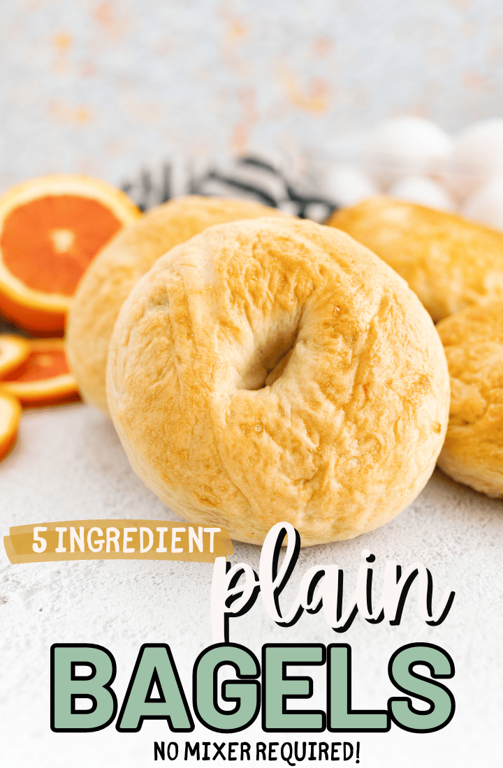 Image of a plain bagel propped up by an orange. Across the bottom it says "5 ingredient plain bagels - no mixer required."