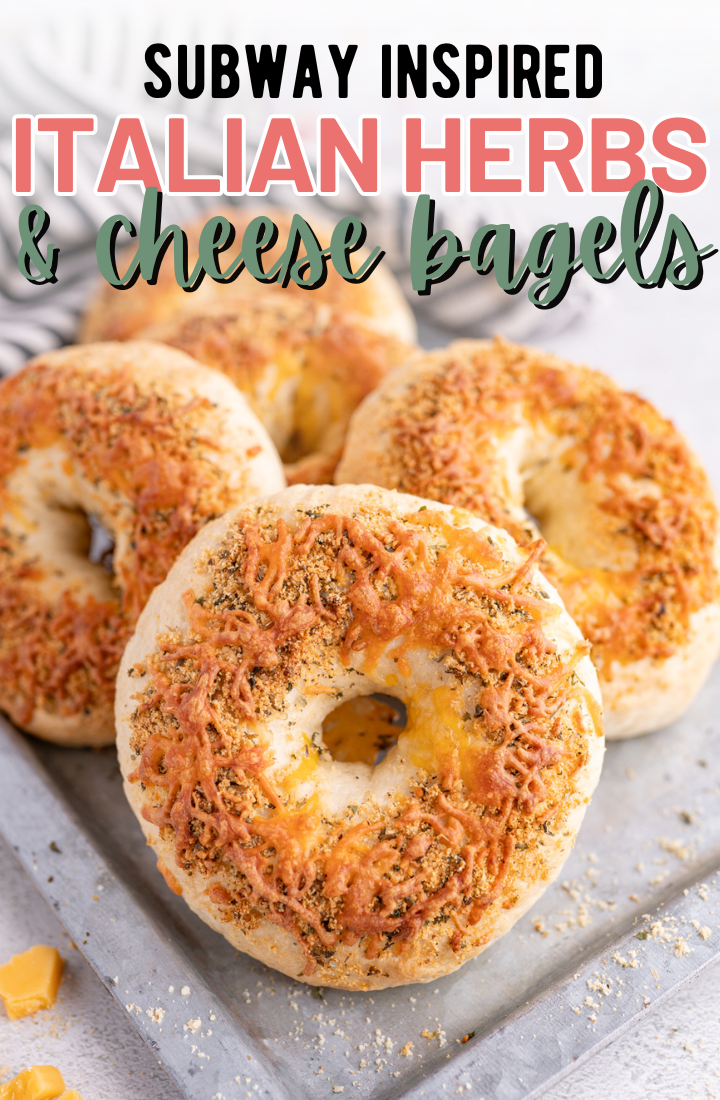 A plate of 4 italian herb and cheese bagels. Across the top it says "subway inspired italian herbs and cheese bagels"