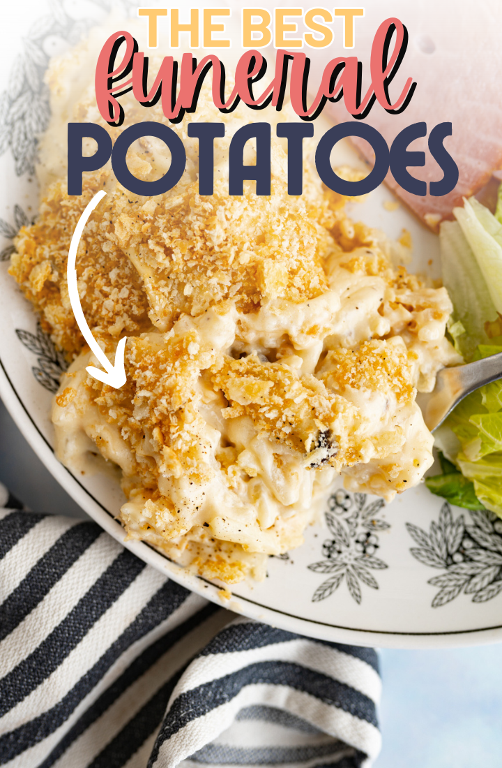 A plate with cheesy potatoes. Across the top it says "the best funeral potatoes"