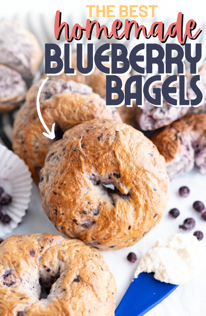 A stack of homemade blueberry bagels. Across the top it says "the best homemade blueberry bagels" 