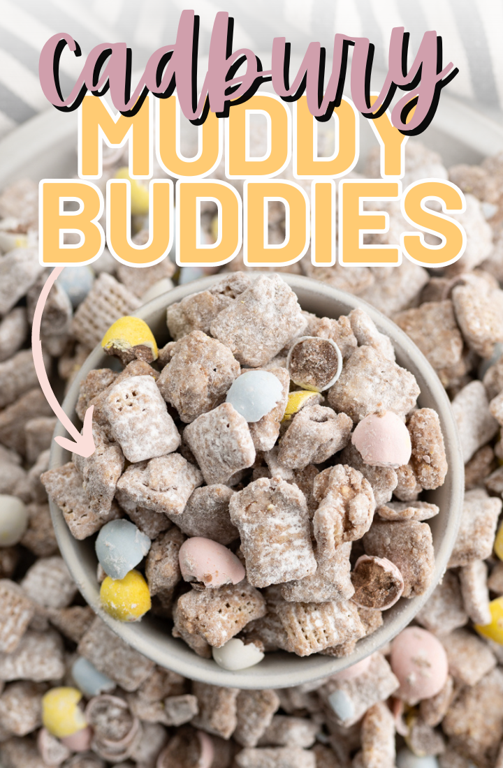 Close up of a bowl of Cadbury egg Muddy buddies overflowing onto a plate. Across the top it says "cadbury muddy buddies" in text. 