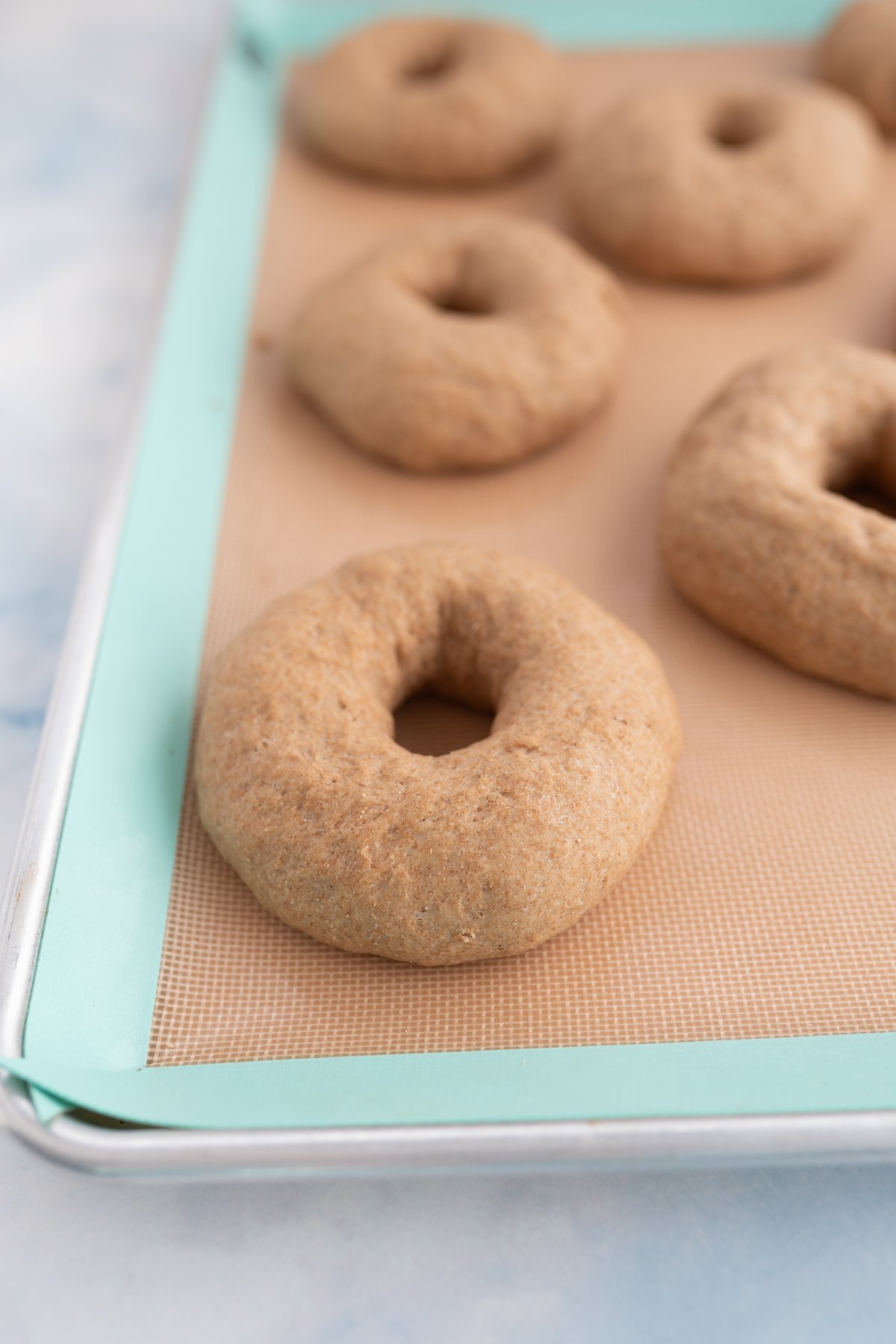 Wheat bagels on a cookie sheet before they've been baked. 