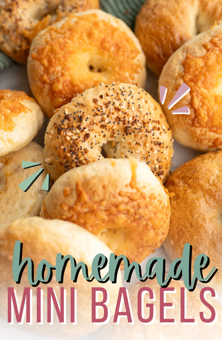 A pile of mini bagels. Across the top it says "homemade mini bagels" 
