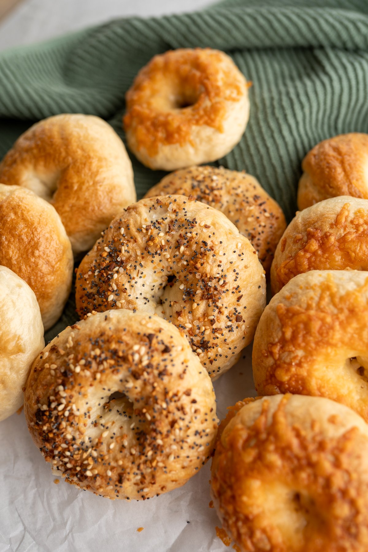 Mini bagels arranged in rows by different toppings. 