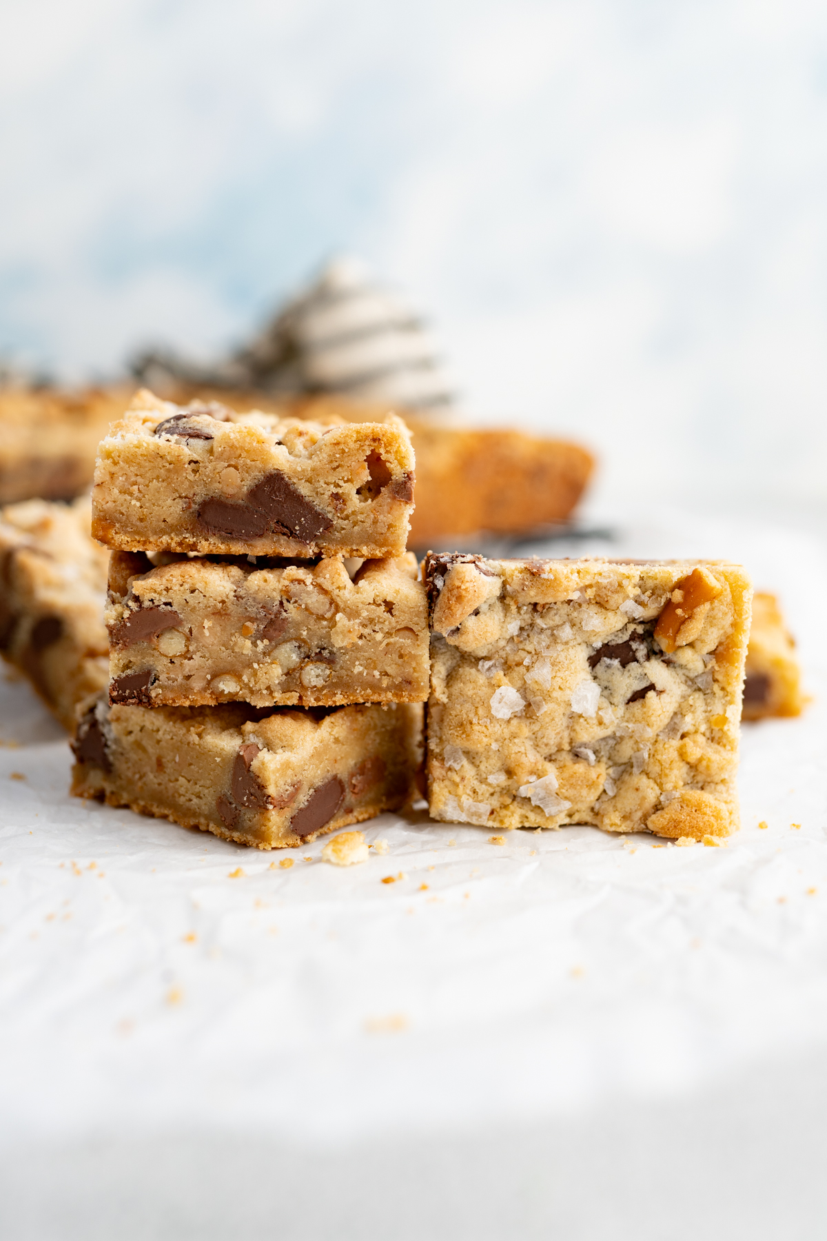 Rockstar bars cut into squares and stacked on the counter.
