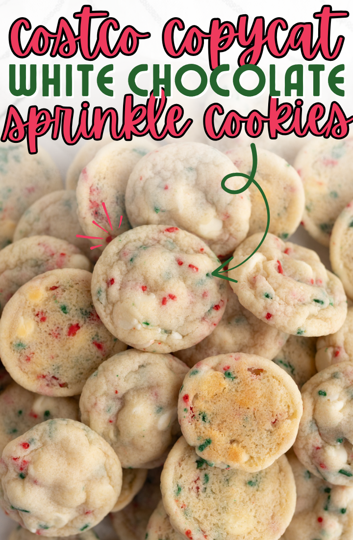 Close up of a pile of Costco copycat white chocolate sprinkle cookies (made festive for Christmas!).