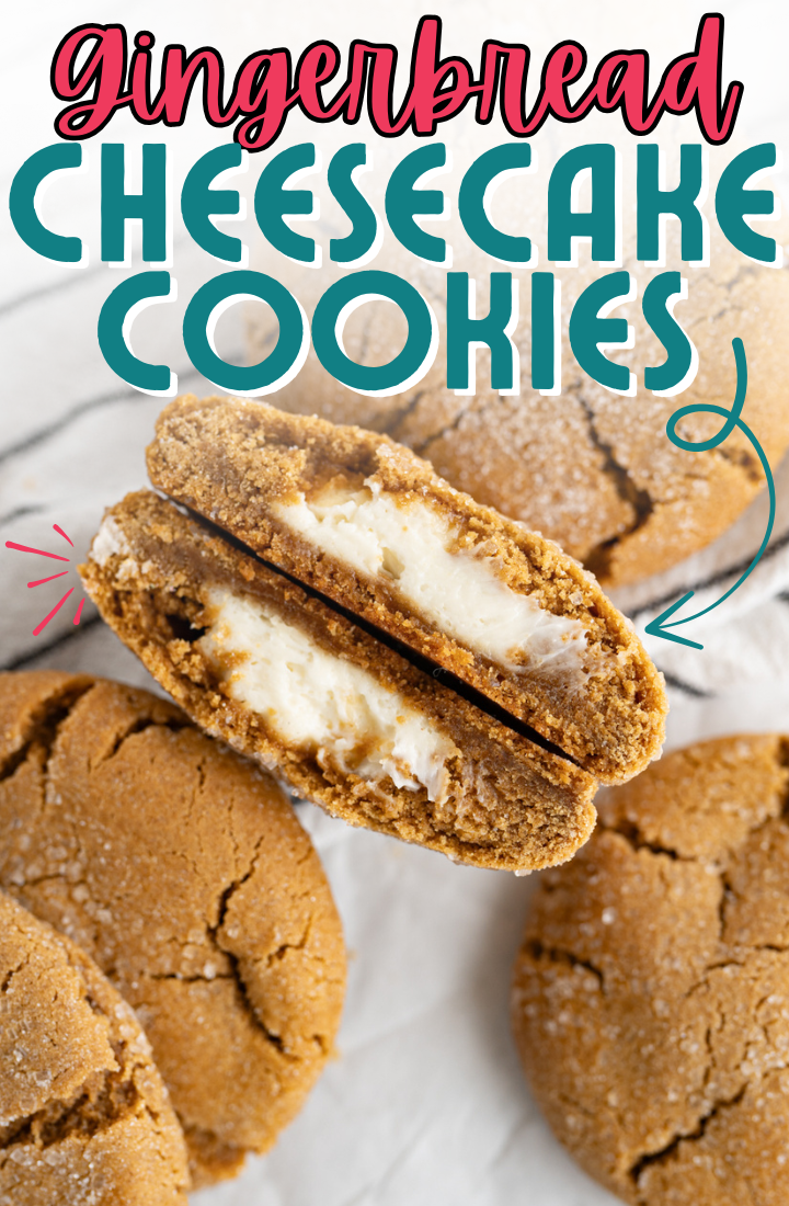 A molasses gingerbread cookie cut in half to show cheesecake filling.