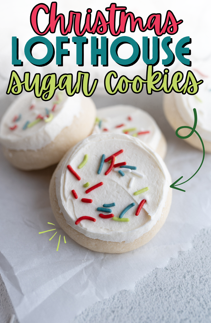 A pillowy frosted sugar cookie with christmas sprinkles.