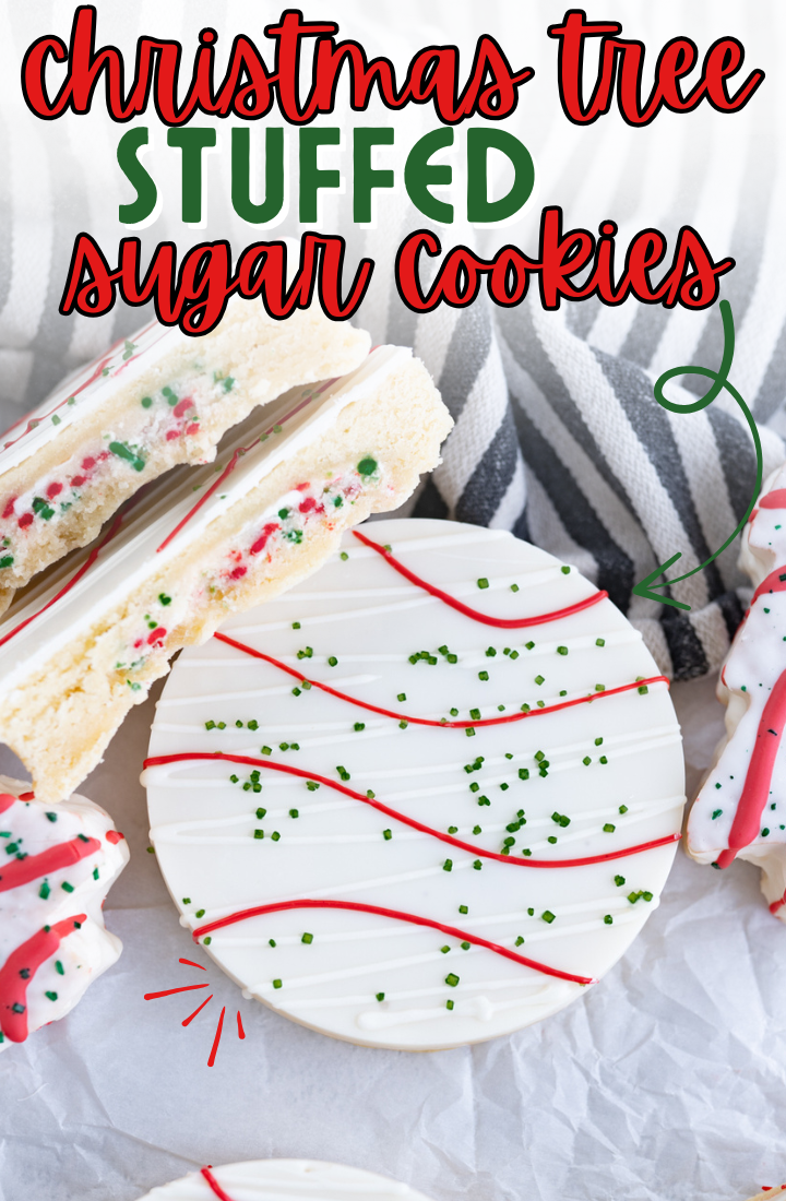 A sugar cookie stuffed with christmas tree cake buttercream.