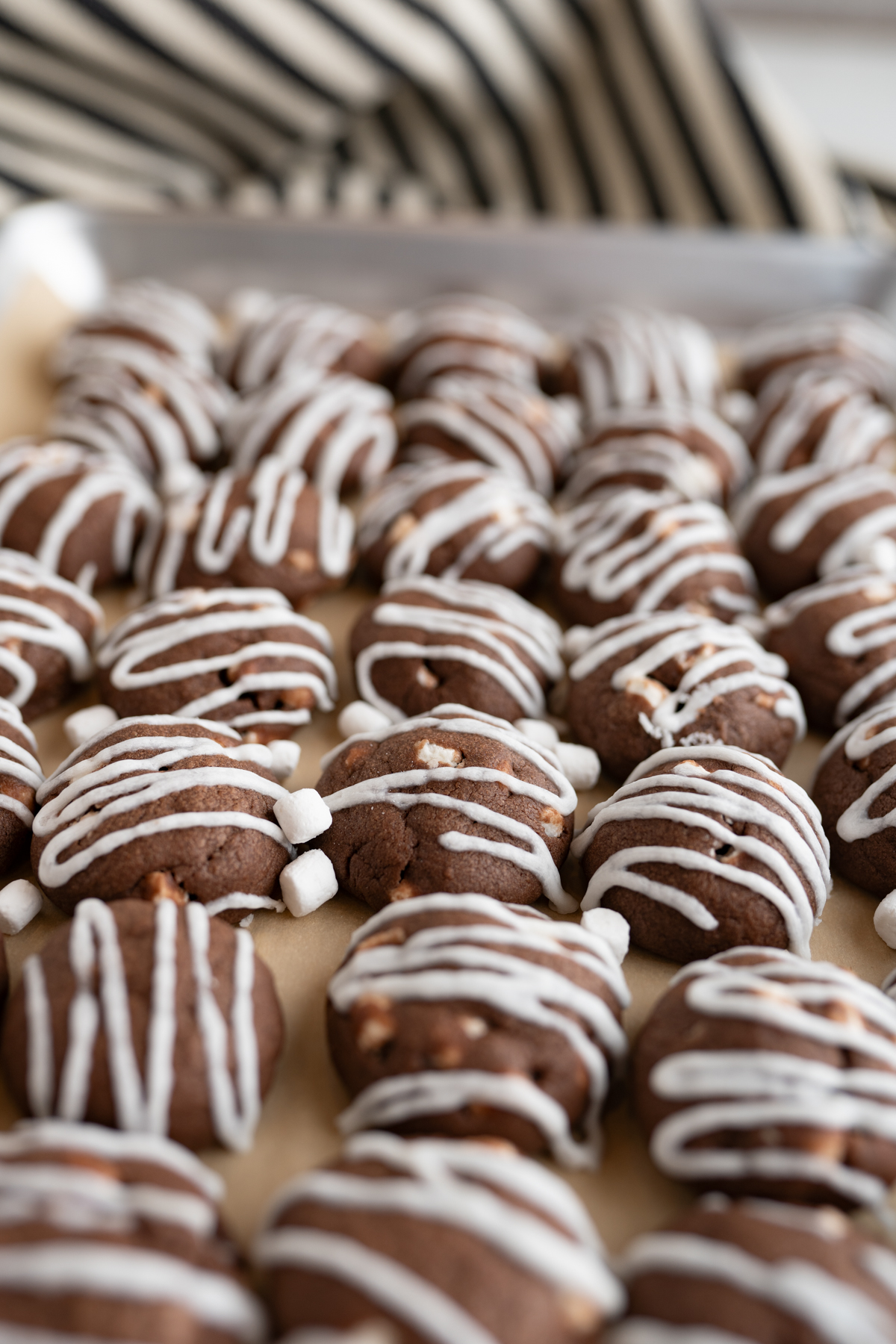 Side view of hot chocolate inspired cookies with icing. 