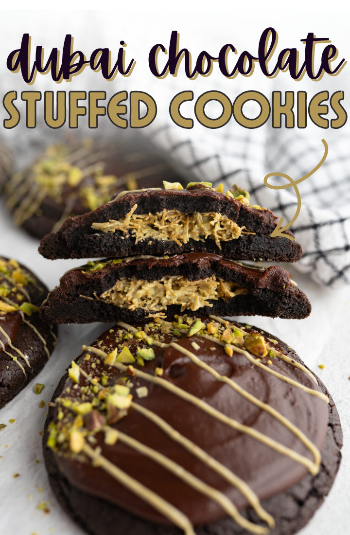 A dubai chocolate stuffed cookie cut in half to reveal the inside.