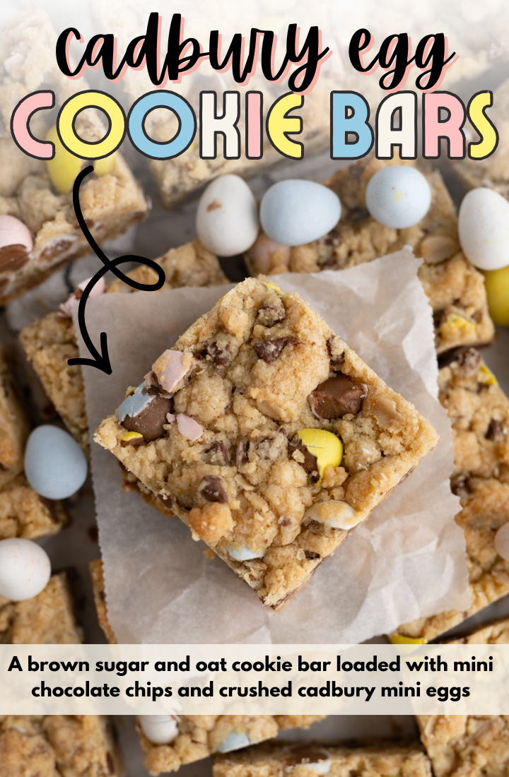 The best Easter dessert! Cadbury Egg Cookie Bars cut into a square on top of other bars.