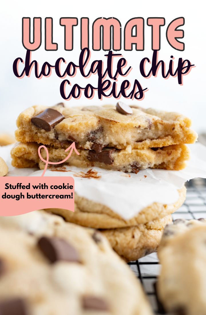 Side view of a chocolate chip cookie filled with cookie dough buttercream.