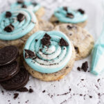 Close up of a cake batter cookies and cream cookie inspired by Dairy Queen's Snowdrift Blizzard.