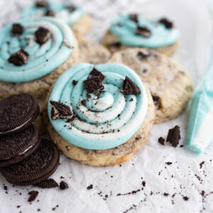 Close up of a cake batter cookies and cream cookie inspired by Dairy Queen's Snowdrift Blizzard.