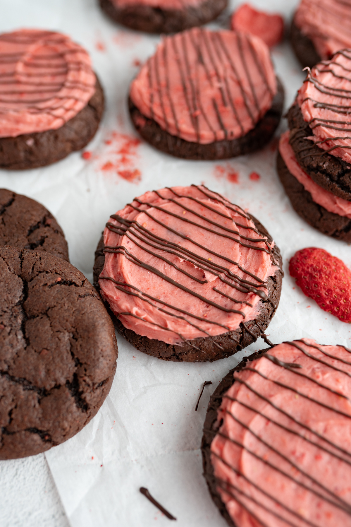 Chocolate strawberry cookies for Valentine's Day on the counter. 