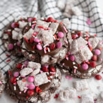 Chocolate crinkle valentines cookies with puppy chow.