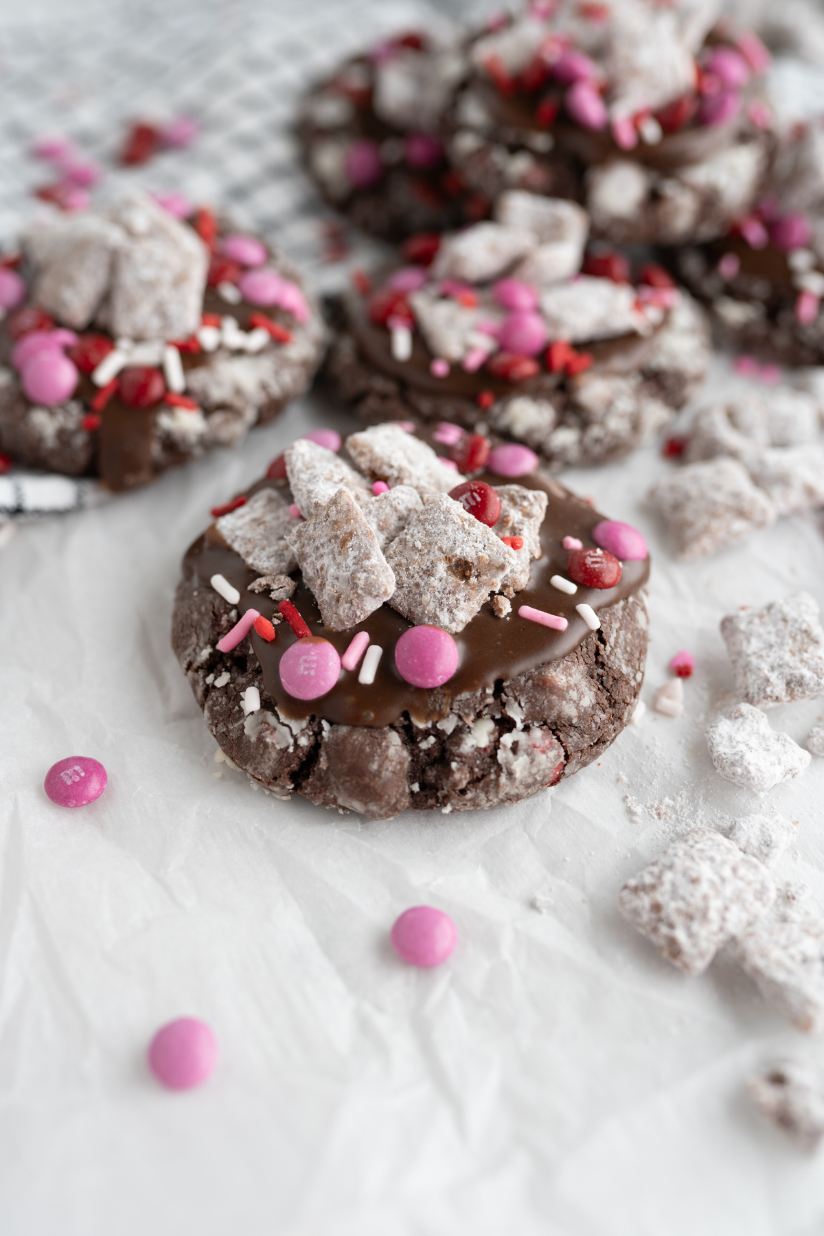 A single chocolate cookie stuffed with mini m&ms, peanut butter chips and topped with ganache, puppy chow and sprinkles. 