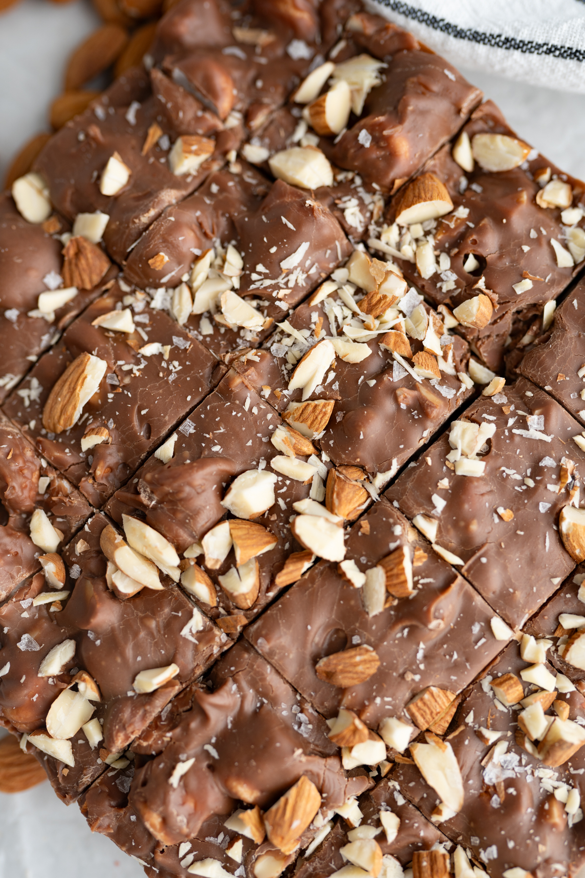 A grid of rocky road fudge cut into squares.