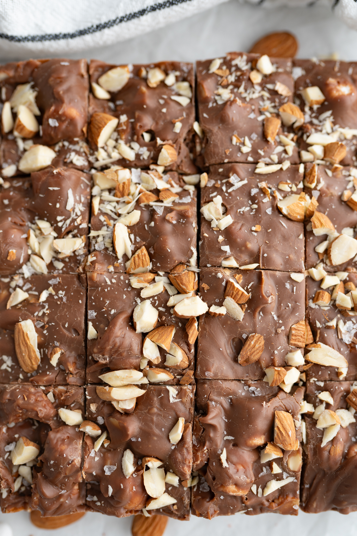 Aerial view of a pan of rocky road fudge.