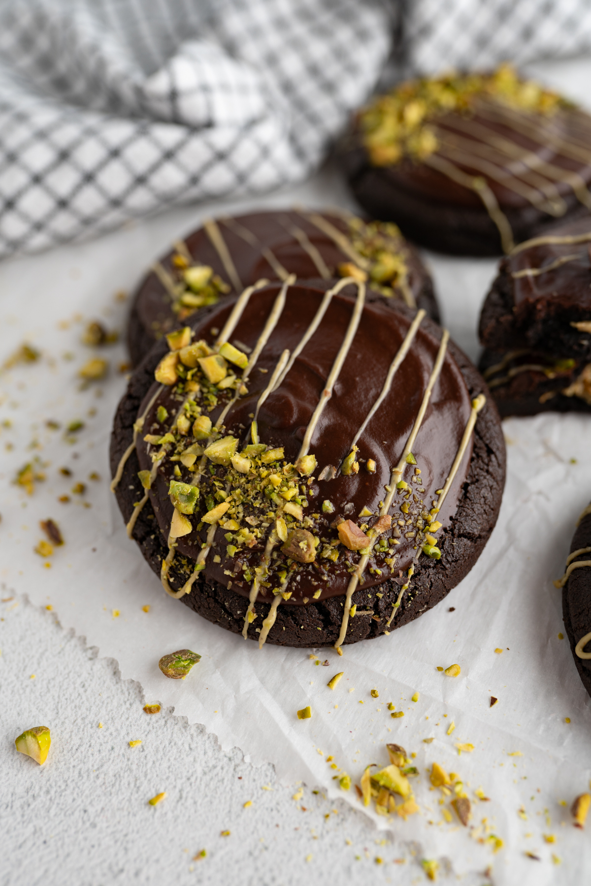 A chocolate dubai inspired chocolate cookie stuffed with pistachio kataifi filling. 