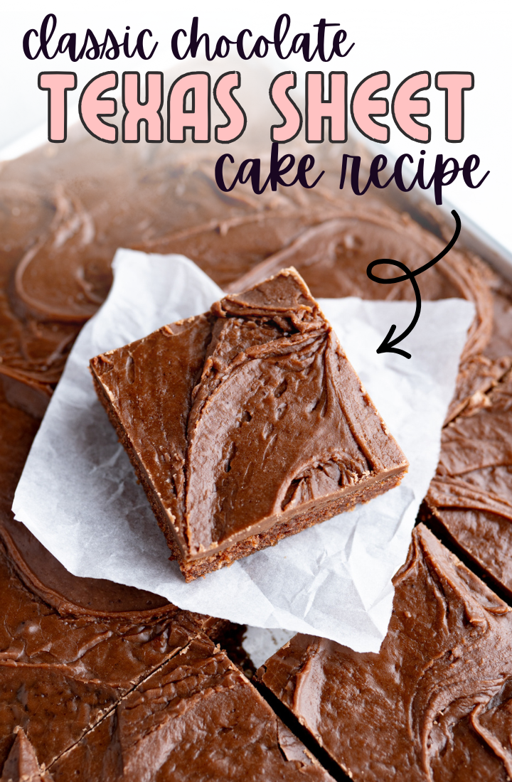 A slice of classic chocolate texas sheet cake topped with chocolate icing.