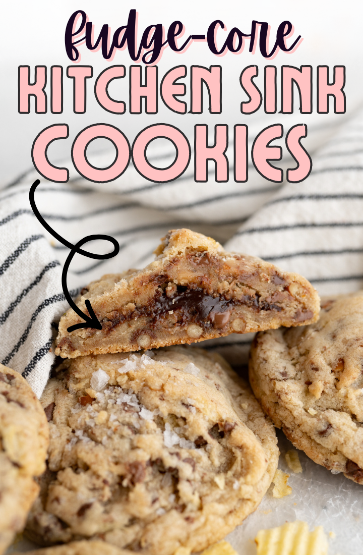 Kitchen sink cookies with a hot fudge center.