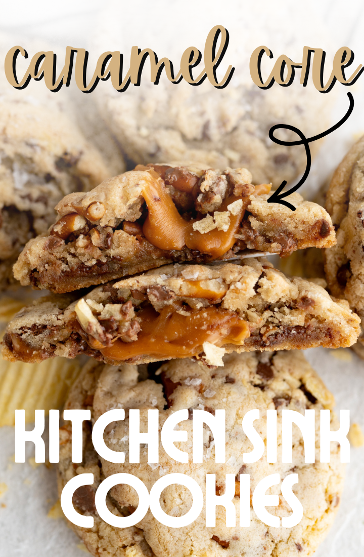 Caramel core kitchen sink cookies cut in half to reveal a gooey center. 