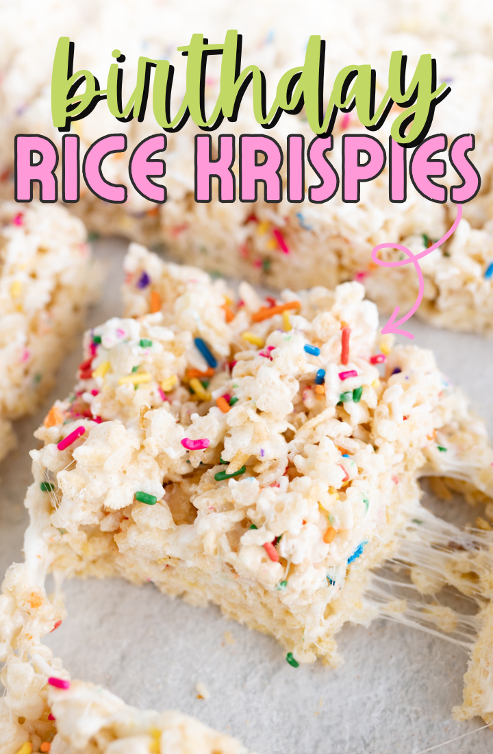 Birthday cake rice krispies cut into squares.