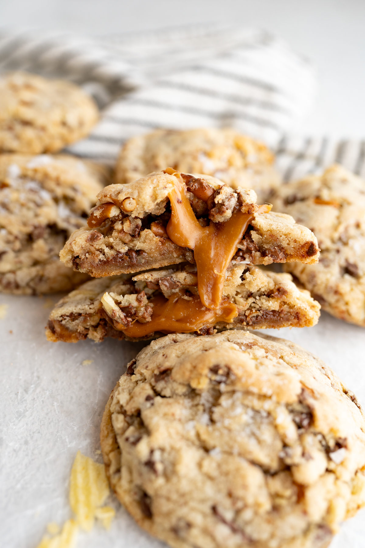 A kitchen sink cookie filled with gooey caramel. 