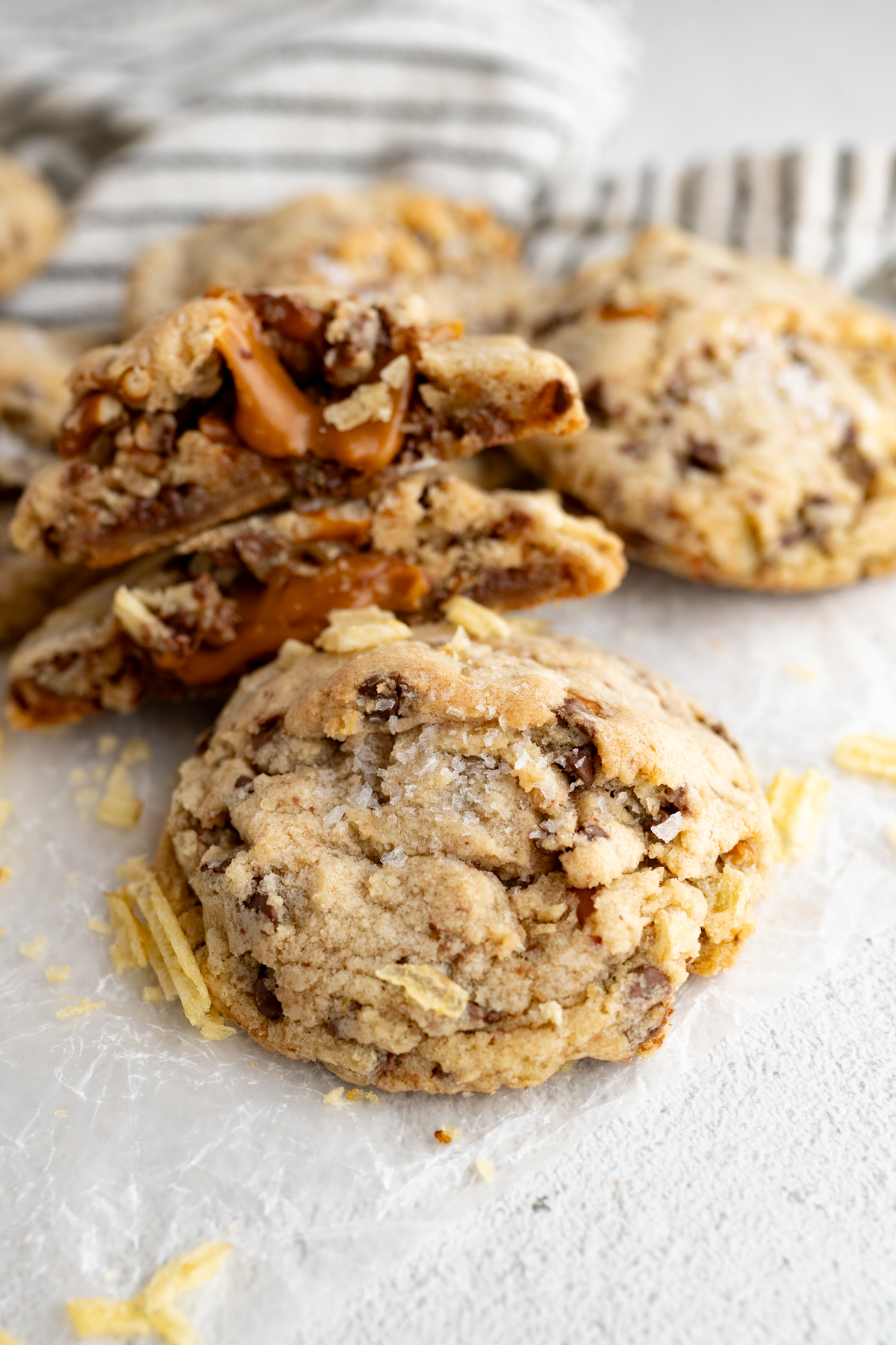 Chocolate chip cookie stuffed with pretzels, toffee, chips, and gooey caramel. 
