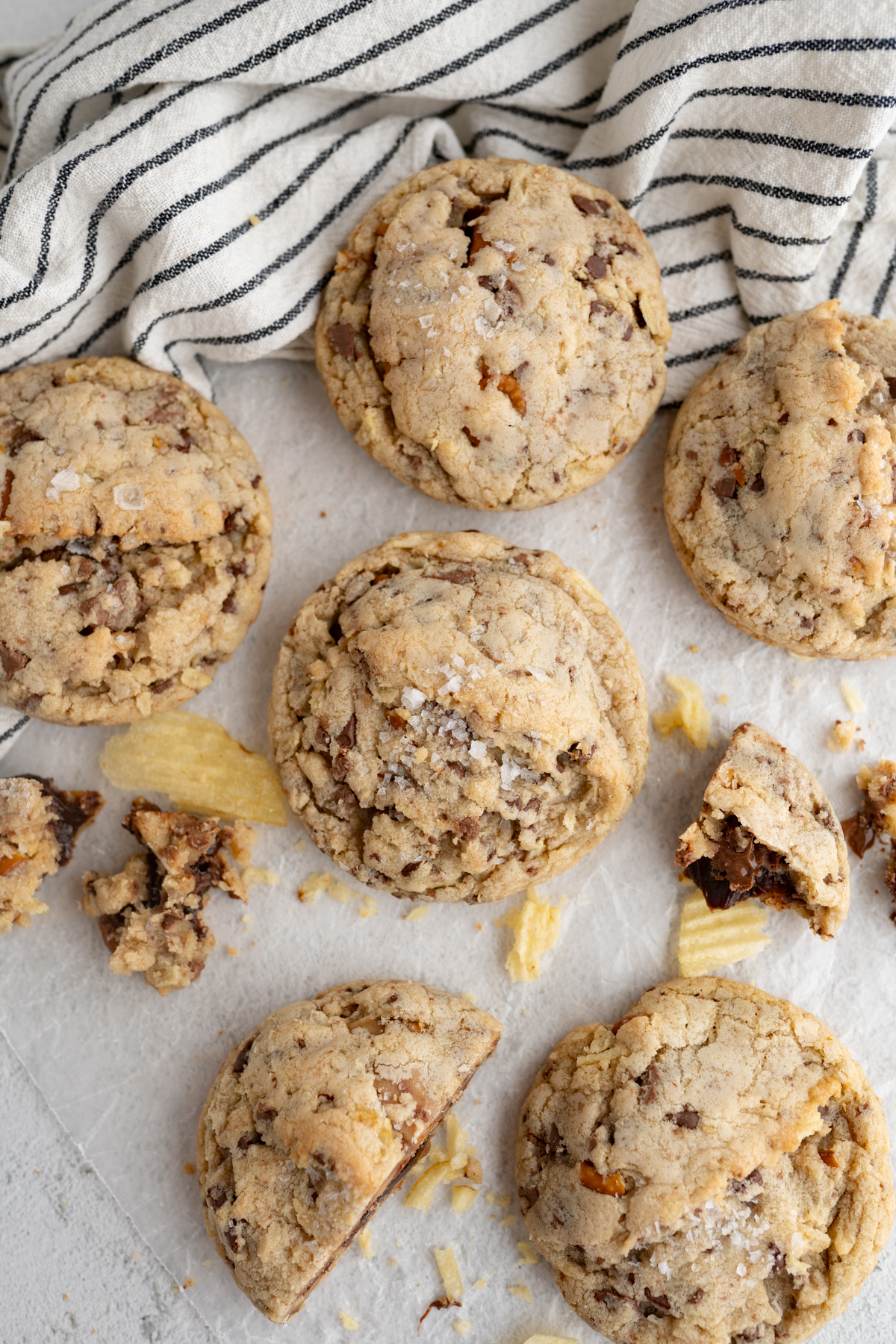 Aerial view of kitchen sink cookies with flake salt on top. 