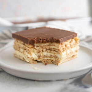 A no-bake chocolate eclair on a plate.