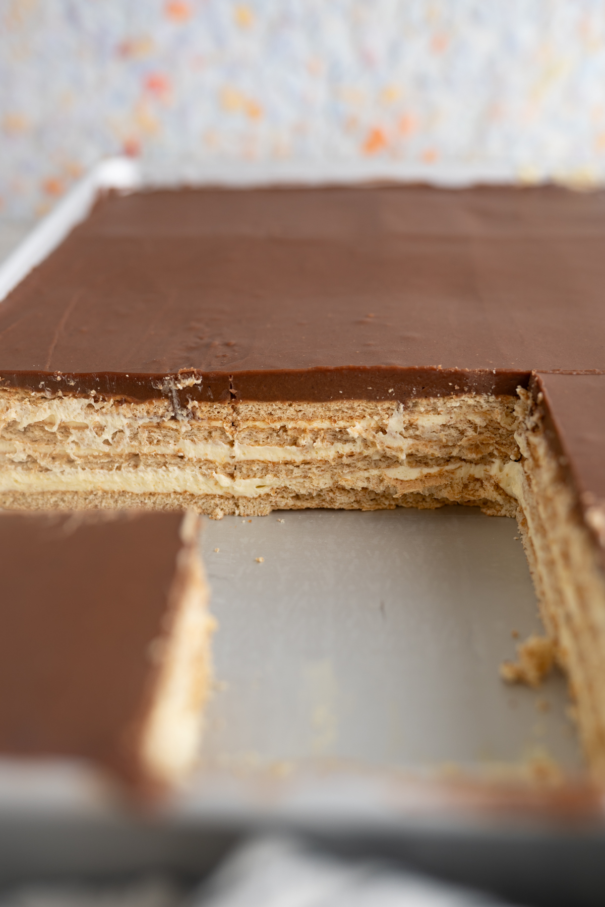 A pan of chocolate eclair bars. 