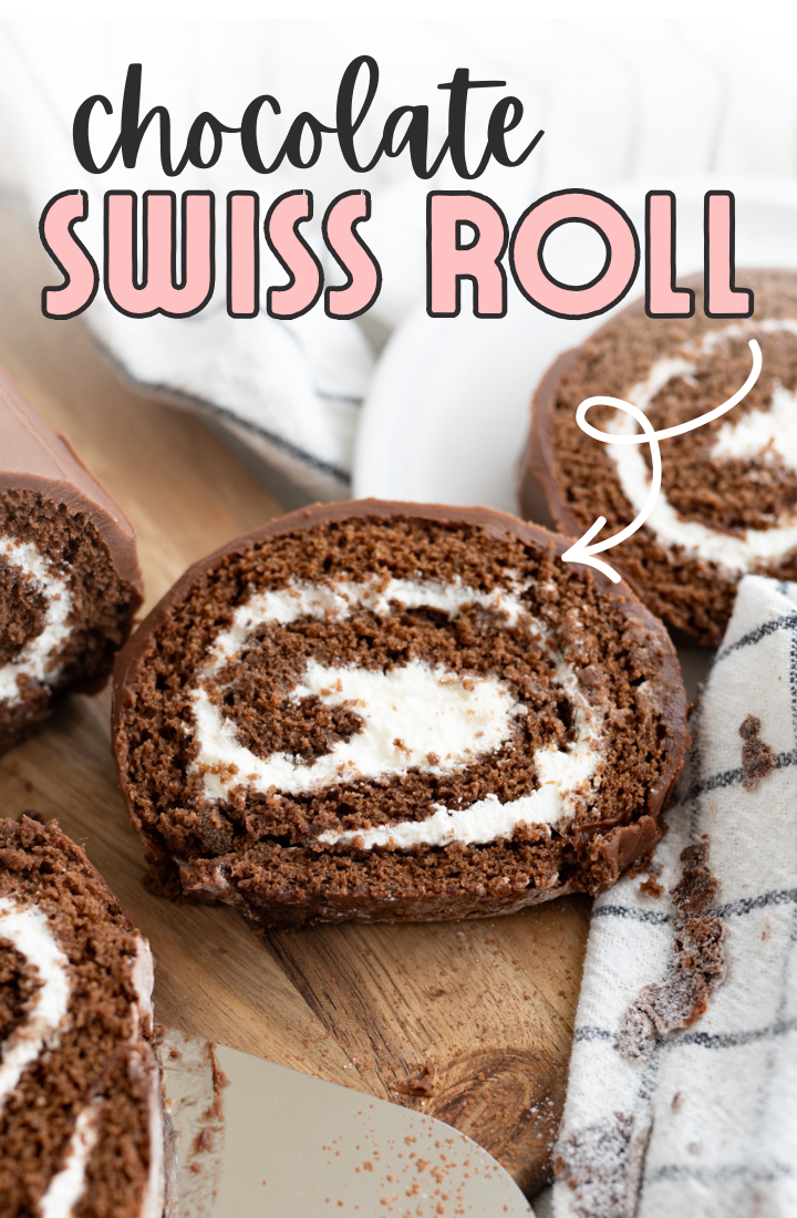 A slice of swiss roll with the words "chocolate swiss roll" across the top.